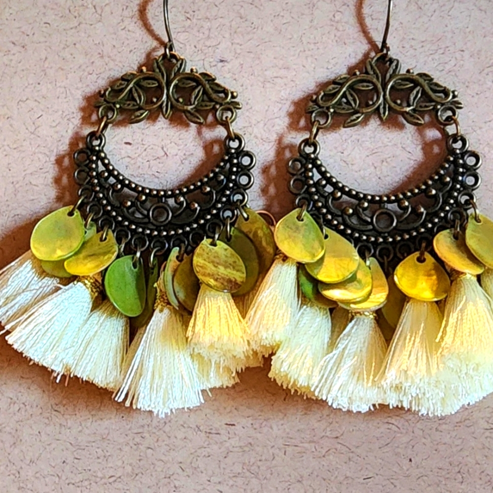 Cream Tasseled Chandelier Earrings